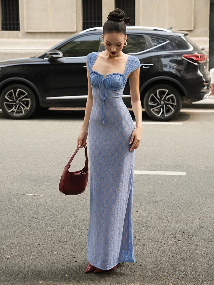 LIZAKOSHT  -  Square Collar Dress Women Elegant Fashion Jacquard Ruched Bandages Patchwork Zip Backless Sexy Party Club Bodycon