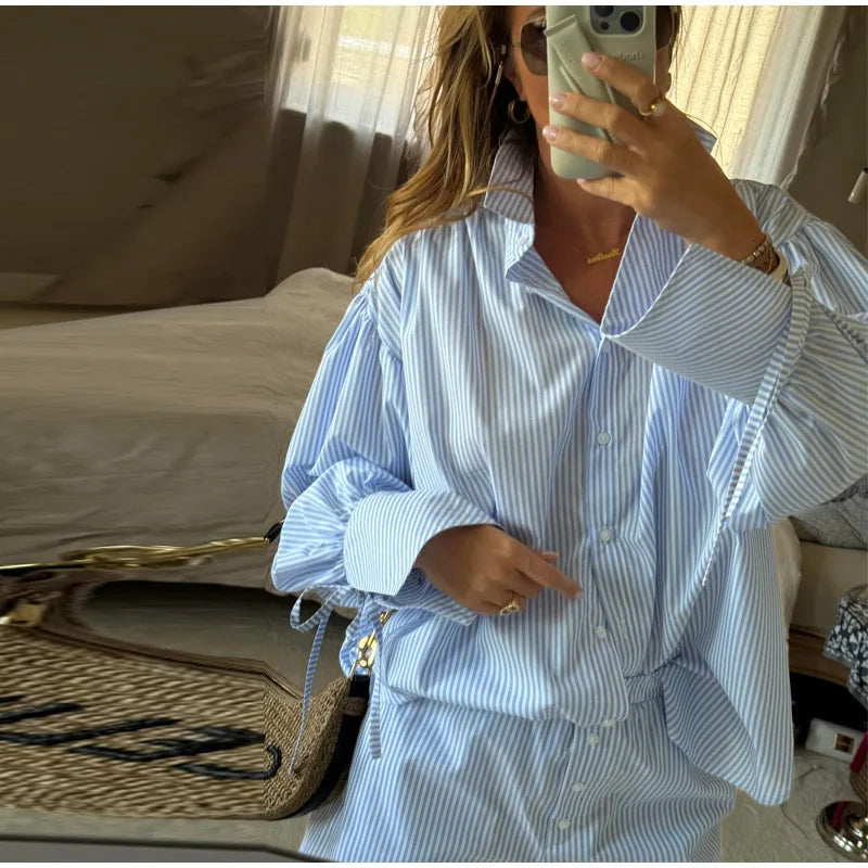 LIZAKOSHT  -  Casual Short Women Lapel Single-breasted Shirt Straight Wide-leg Shorts Fashion Loose Two Pieces Set Women Vacation Lady Outfit