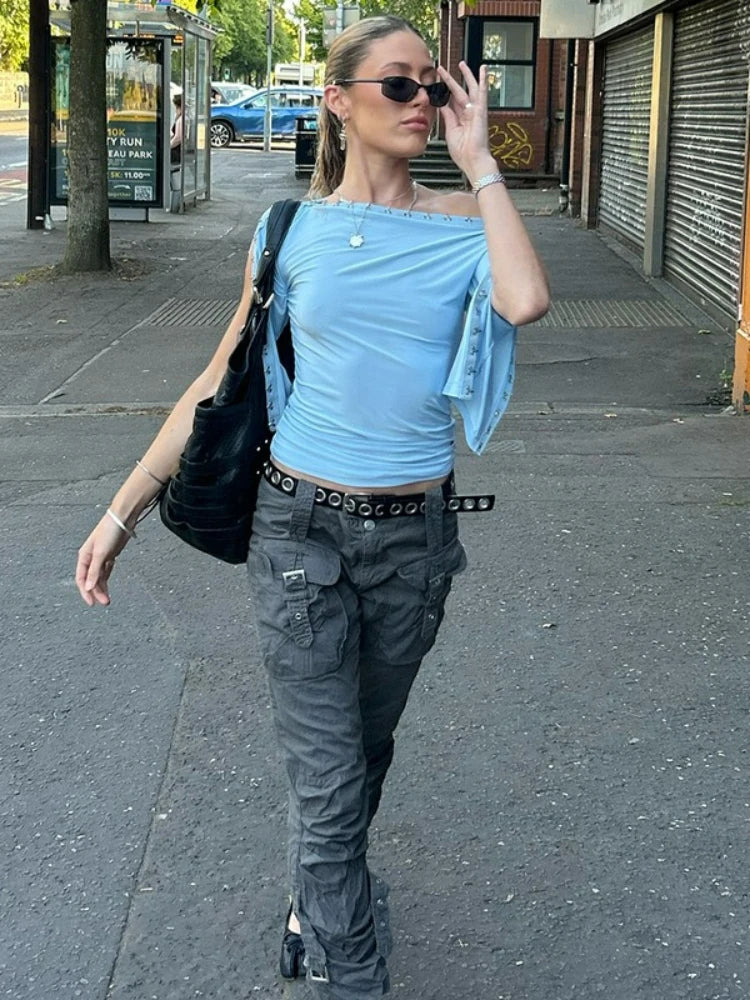 LIZAKOSHT  -  Women's Chic Diagonal Collar T-shirts Sexy Off Shoulder Half Sleeve Asymmetrical Crop Tops Ladies Blue T Shirt Streetwear