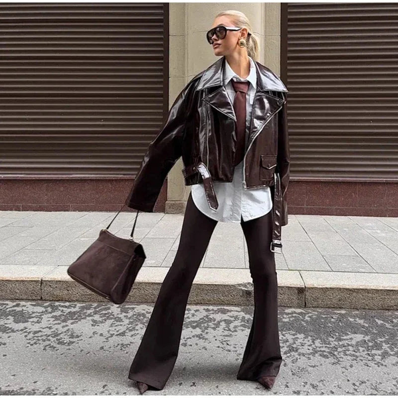 LIZAKOSHT  -  Solid PU Leather Biker Short Jacket Women Lapel Collar Full Sleeve Zipper Belted Hem Jacket 2025 Autumn Female New Edgy Outfit