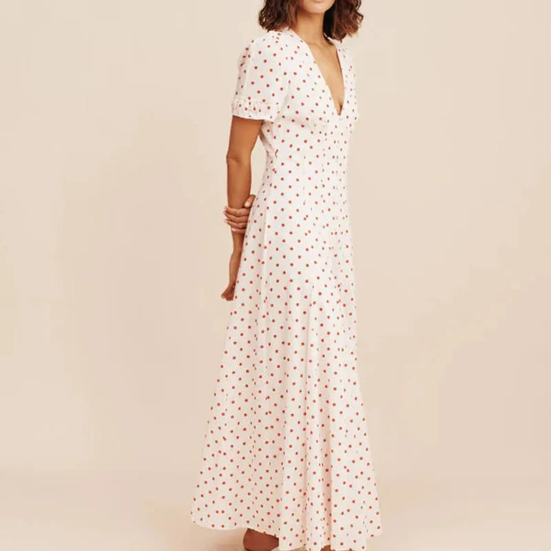 LIZAKOSHT  -  Elegant Polka Dot Printed Bohemian Women Long Dress Fashion Hight Wasit Party Dress V-neck Short Sleeve Seaside Vacation Dress