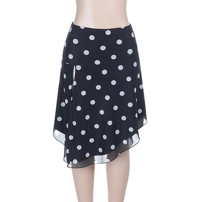 LIZAKOSHT  -  Polka Dot Printed Irregular Split Women Skirt Black High Waist Ruffles Slim Long Skirt Female Spring Casual Streetwear
