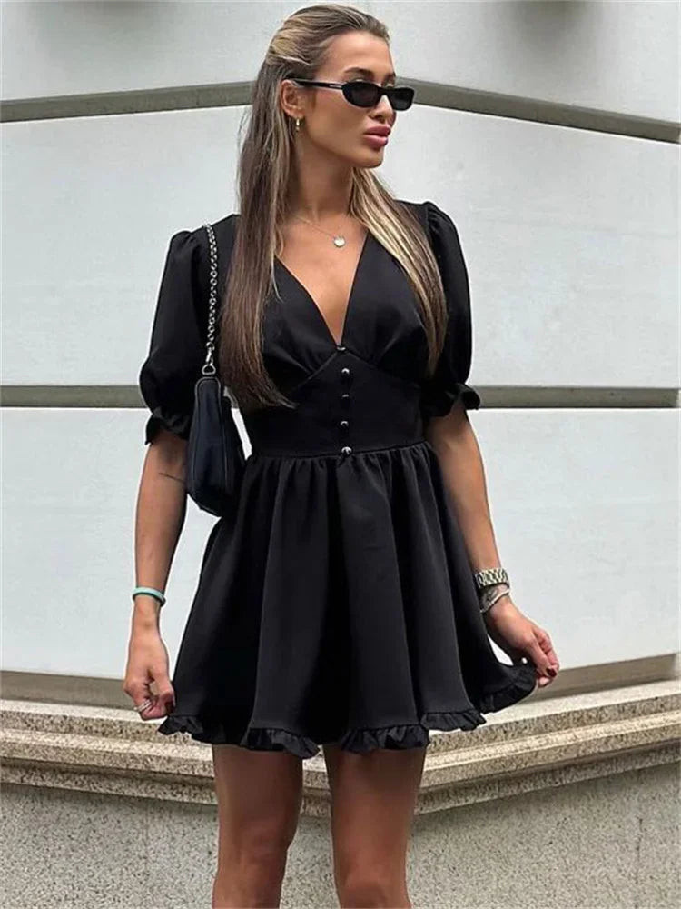 LIZAKOSHT  -  Summer Black V-Neck Mini Dress For Women Ruffled High Waist Slim Commute Elegant Party Dress Female Solid Bodycon Dress