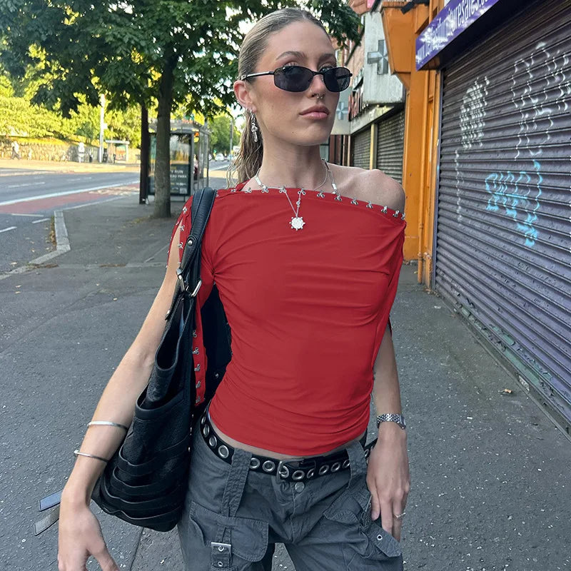 LIZAKOSHT  -  Women's Chic Diagonal Collar T-shirts Sexy Off Shoulder Half Sleeve Asymmetrical Crop Tops Ladies Blue T Shirt Streetwear