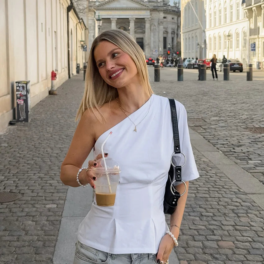 LIZAKOSHT  -  Women's White One Shoulder Asymmetric Blouse Elegant Ruched Bust Minimalist Sleeve Tops Women's Fashion Date Night T-shirt