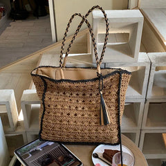 LIZAKOSHT  -  Mesh Crochet Beach Bags Women Hollow Out Straw Woven Tote Bag Seaside Vacation Square Knitted Handbag with Tassel