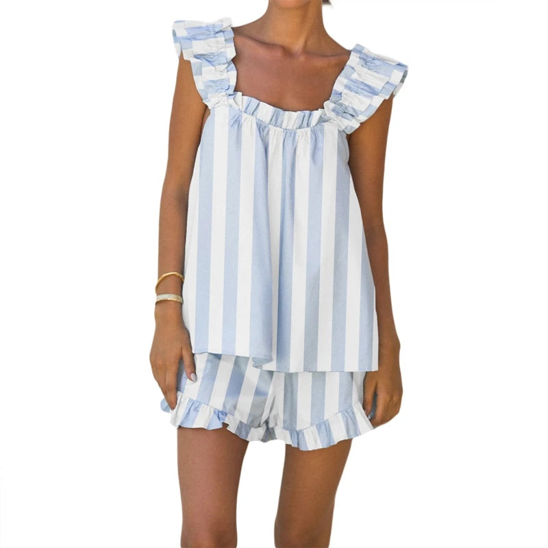 LIZAKOSHT  -  Striped Plaid 2 Piece Set Outfits Kawaii Loose Sleevless Tank Top Vest + Ruffles Hem Shorts Women Loungewear Matching Suit