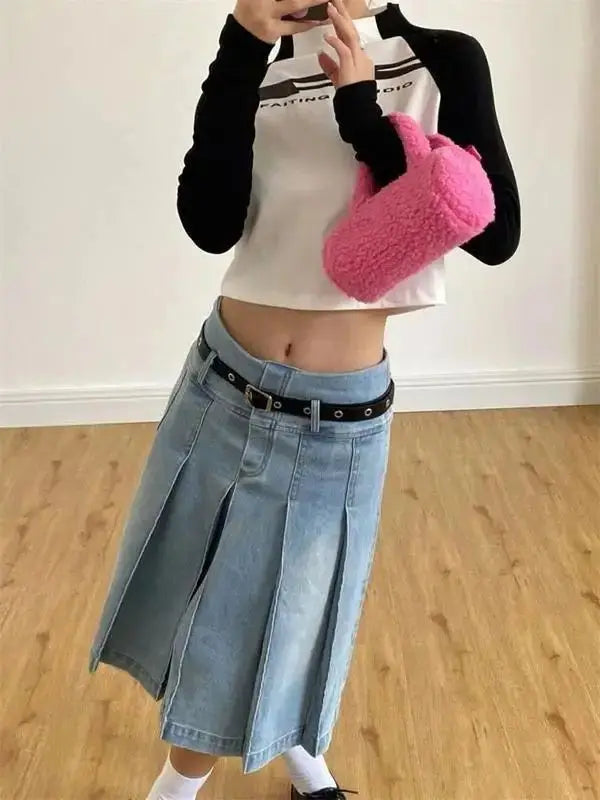 LIZAKOSHT  -  Denim Pleated Skirt High Waist Y2k Streetwear Women Vintage A-Line Distressed Knee-Lenght Jeans Skirt Japanese Fashion Versatile