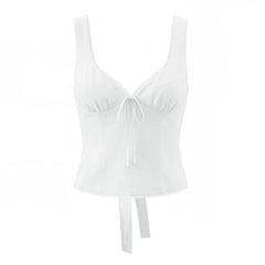 LIZAKOSHT  -  Sexy White V neck Low Ruched Bra Chest Tank Tops Women Tie Bow Sashes Zipper Back Crop Tank Girl Tee