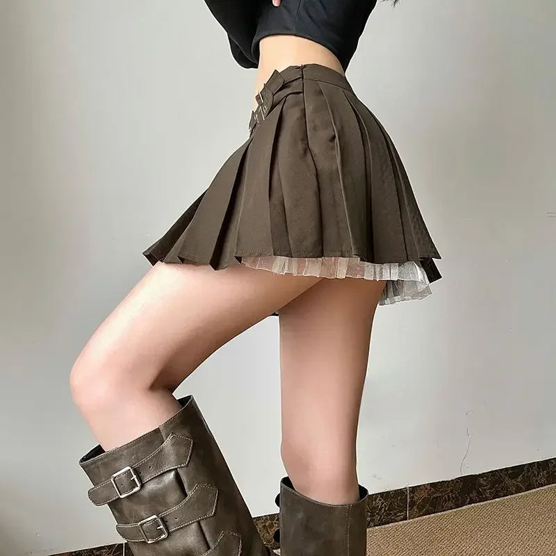 LIZAKOSHT  -  Girls' Wind Lace Stitching Tooling Skirt Spring and Summer High Waist Fashion Spice Girls Pleated Skirt