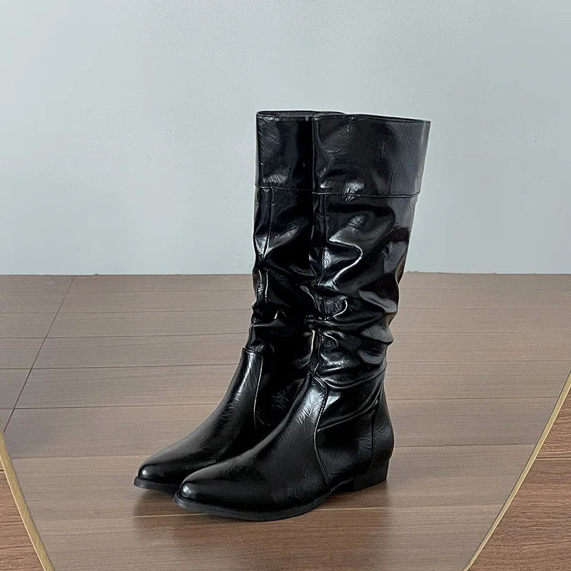 LIZAKOSHT  -  Cosy Soft Leather Women Knee High Boots Fashion Slip On Knight Long Booties Winter Internal Elevation Shoes Zapatos De Mujer