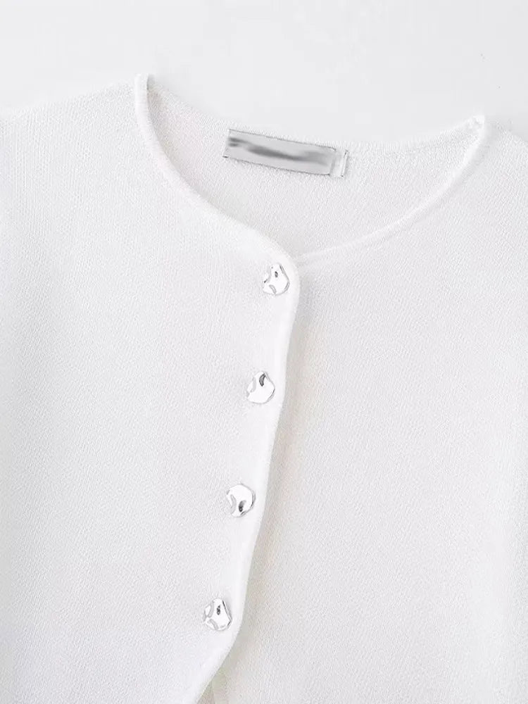 LIZAKOSHT  -  Knitted Solid Women Crop Top O-neck Short Sleeve Single Breasted Slim Tops 2024 Spring Summer New Fashion Casual Lady Sweaters