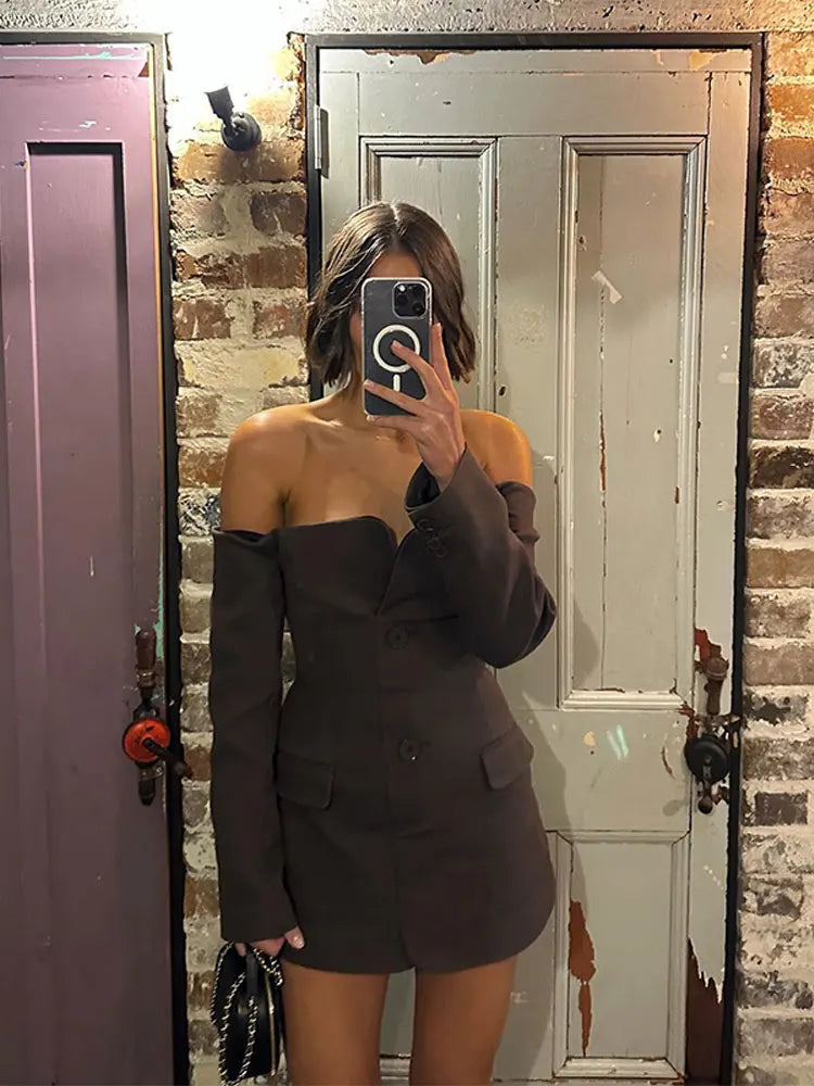 Lizakosht Elegant Strapless Slash Neck Mini Dresses For Women Chic Off Shoulder Buttons Pockets Dress 2024 Female Fashion Party Vestidos