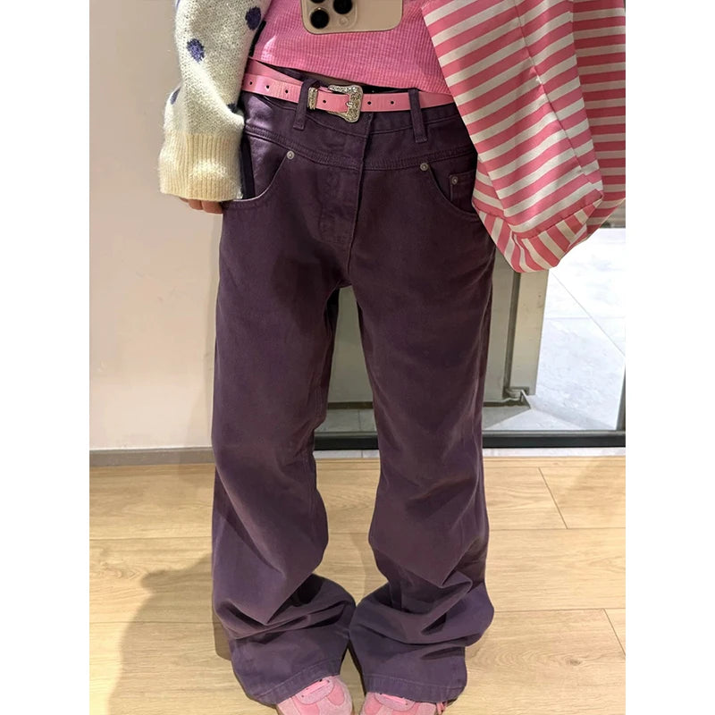 LIZAKOSHT  -  Autumn Winter Women's Purple High-Waisted Wide-Leg Jeans, Casual Loose-Fit Straight-Leg Denim Pants with Belt, Trendy Streetwear