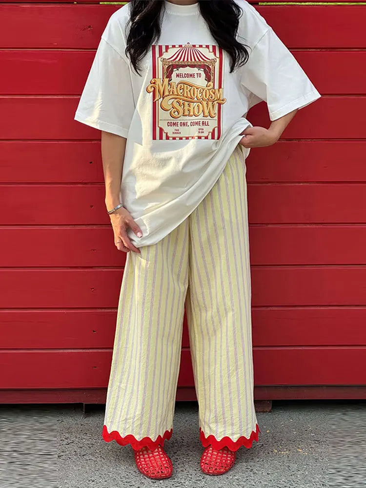LIZAKOSHT  -  Pants Leg Stripe Women Trousers Adjustable Waist Wrap Loose Summer Floor Length Boho Palazzo Trousers Women Outfit For Women