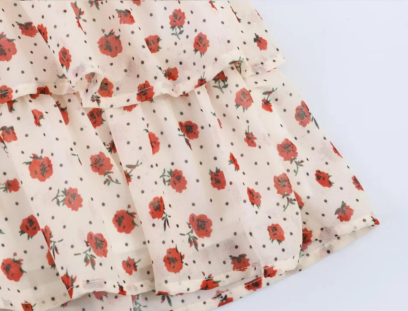 LIZAKOSHT  -  Sweet Beige Floral Print Cross Deep V neck Mini Sleeveless Dress Women Slim Waist Tierred Ruffles Cake Dresses A-lined Robe