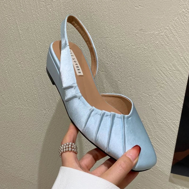LIZAKOSHT  -  Designer Satin Women's Sandals Comfortable Pleated Square Toe Women Flat Shoes Fashion Party Dress Women Shoes Zapatos De Mujer