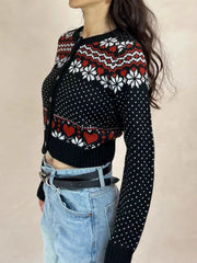 LIZAKOSHT  -  Geometric Jacquard Sweater Cardigan Woman O-neck Long Sleeve Slim Crop Top Female Casual Vintage Sweet Sweaters Autumn New Coat