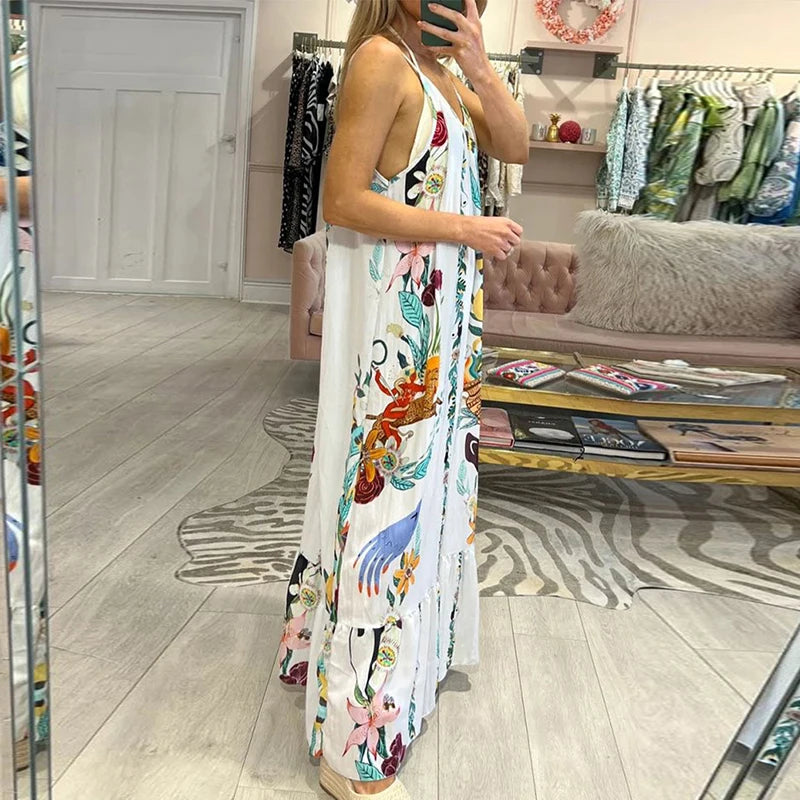 LIZAKOSHT  -  All Match Draped Female Pleat Dress Vintage Loose Suspender Beach Dress 2024 Women Pattern Printed Sleeveless V-neck Maxi Dress