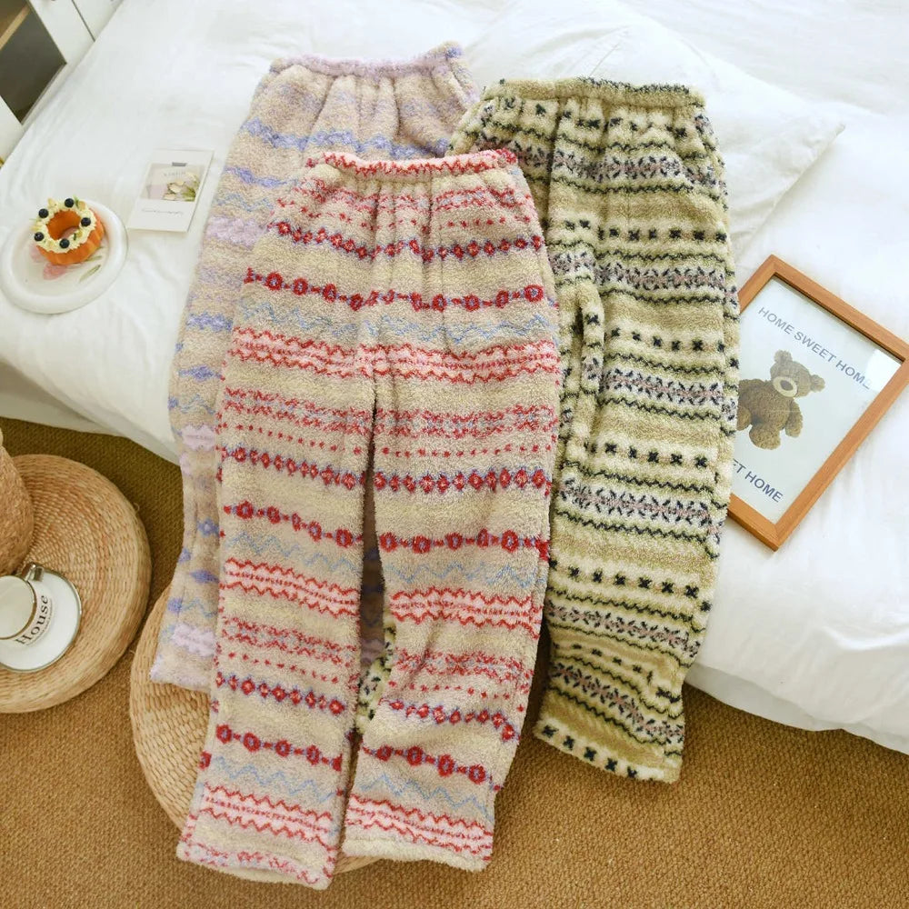 LIZAKOSHT  -  Autumn Winter Flannel Warm Thicken Pajama Pants for Women Elastic Waist Warm Home Sleepwear Print Lounge Wear Sleeping Pants