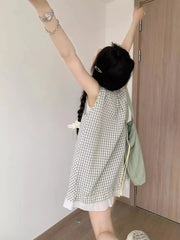 LIZAKOSHT  -  New Reduced Aging Checkered Fake Two Piece Sleeveless Splicing Summer Lace Sweet Loose Strap Top Tank Top