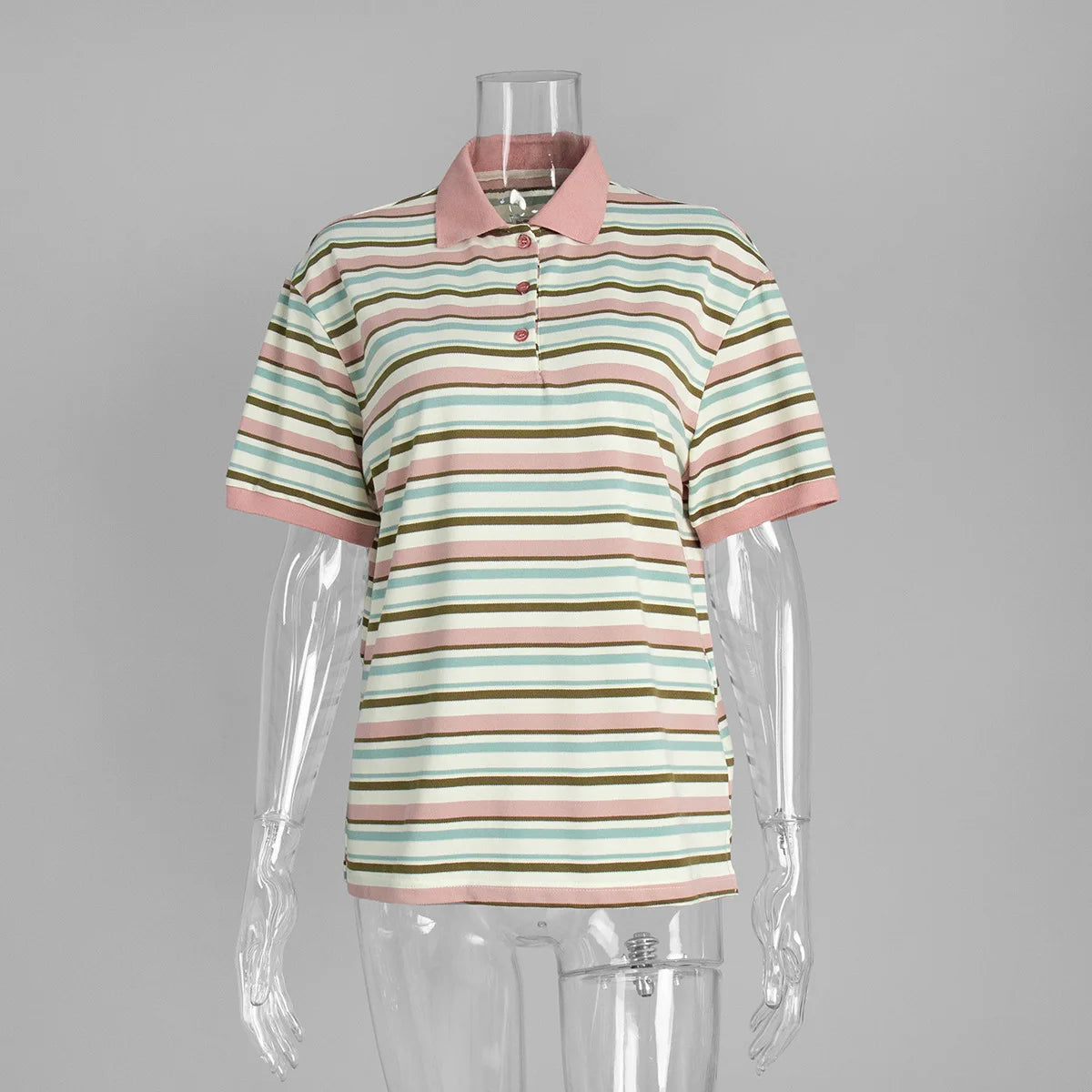 LIZAKOSHT  -  Women Summer Short Sleeve T Shirts Polo Neck Striped Design 95% Cotton Tees Summer Tops For Women Clothes