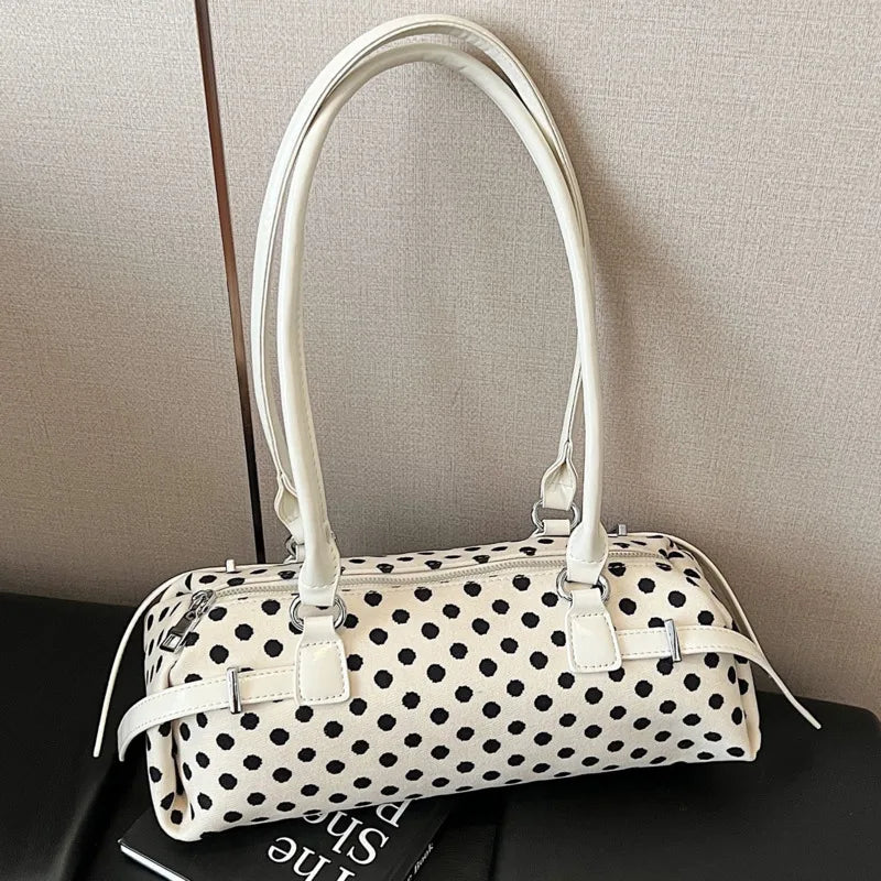 LIZAKOSHT  - Y2k Polka Dot Cylindrical Handbag Ins Trendy Personality Elegant Retro Glossy Leather Exquisite Small Capacity Daily Commuting
