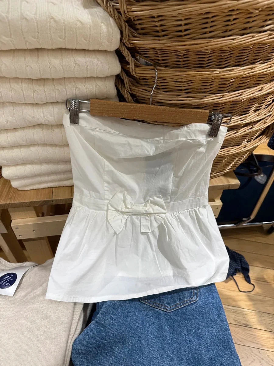 LIZAKOSHT  -  Black Bow Decor Strapless Tube Top Woman Summer Elastic Waist Sleeveless Slim Crop Tops Solid Sweet Preppy Style Cotton New Vest