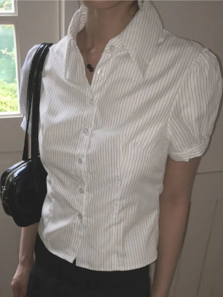 LIZAKOSHT  -  Y2k Clothes Short Blouses Puff Sleeve Spring Summer Vintage Women Shirts Japanese Style Versatile Stripes Blusas Mujer