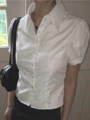 LIZAKOSHT  -  Y2k Clothes Short Blouses Puff Sleeve Spring Summer Vintage Women Shirts Japanese Style Versatile Stripes Blusas Mujer