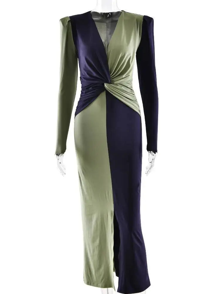 LIZAKOSHT  -  Patchwork Long Sleeve Slit Women Maxi Dress Green Deep V-neck Ruched Autumn Winter Skinny Elegant Party Evening Dress
