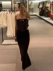 LIZAKOSHT  -  Sexy Sequin Patchwork Party Dress Brown Backless Sleeveless Tube Top Hollow Out Long Dresses 2025 Summer Solid High Street Robes