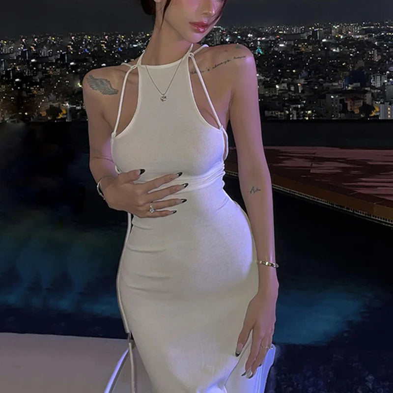 LIZAKOSHT  -  y2k Long Dress Women Summer Solid Color Spaghetti Strap Sleeveless Tie Up Backless Dress Sexy Club Party Dresses