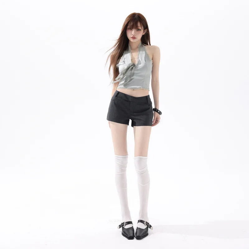 LIZAKOSHT  -  French Fashion High Street Low Waist Striped Short Pants Y2k Aesthetic All Match Temperament Shorts Casual Short Stright Trouser