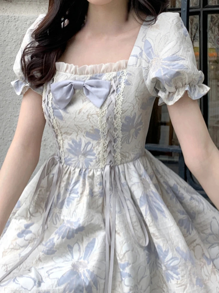 LIZAKOSHT  -  Summer Floral Elegant Mini Dress Women Square Collar Office Lady Dress Party Style Casual One Piece Dress Korean Fashion