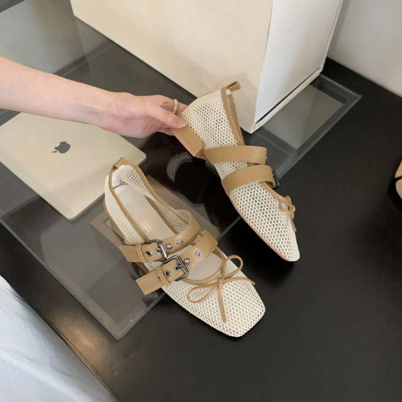 LIZAKOSHT  -  Summer Designer Mesh Women Ballet Shoes Fashion Butterfly-Knot Shoes SQUARE BUCKLE Beach Roman Sandals