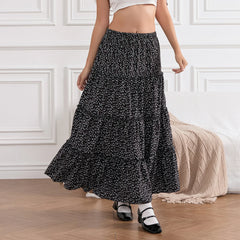 LIZAKOSHT  -  Women Fashion Boho Solid Elastic High Waist Tiered Skirt Bohemian Beach A-Line Long Skirt