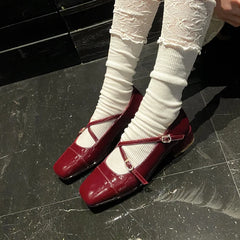 LIZAKOSHT  -  japanned leather cross band pumps women square toe low heel mary janes shoes woman crystal buckle zapatos de tacón mujer