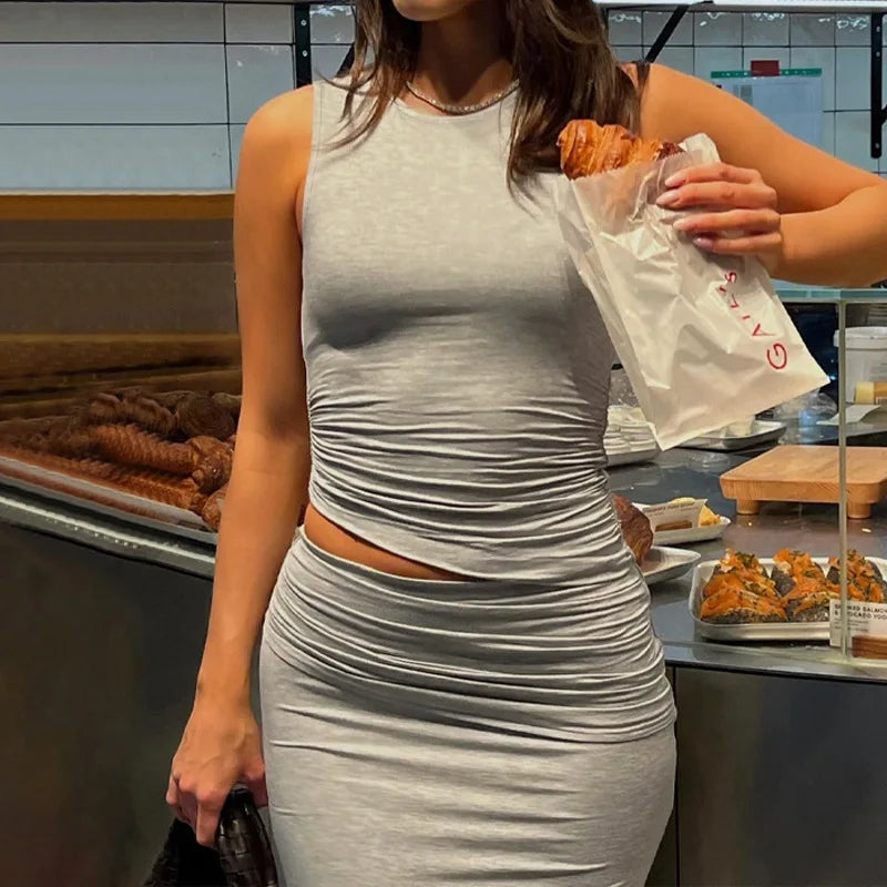 LIZAKOSHT  -  Design Summer New Fashion Women's Set Round Neck Sleeveless Top+Long Slim Fit Split Skirt Gray Casual Two Piece Sets
