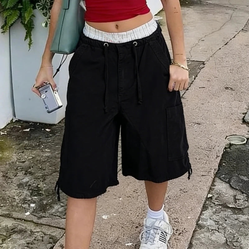 LIZAKOSHT  -  American Retro Cargo Bermuda Shorts Loose Knee Length Denim Shorts with Drawstring Y2K Aesthetic Grunge Women Jorts