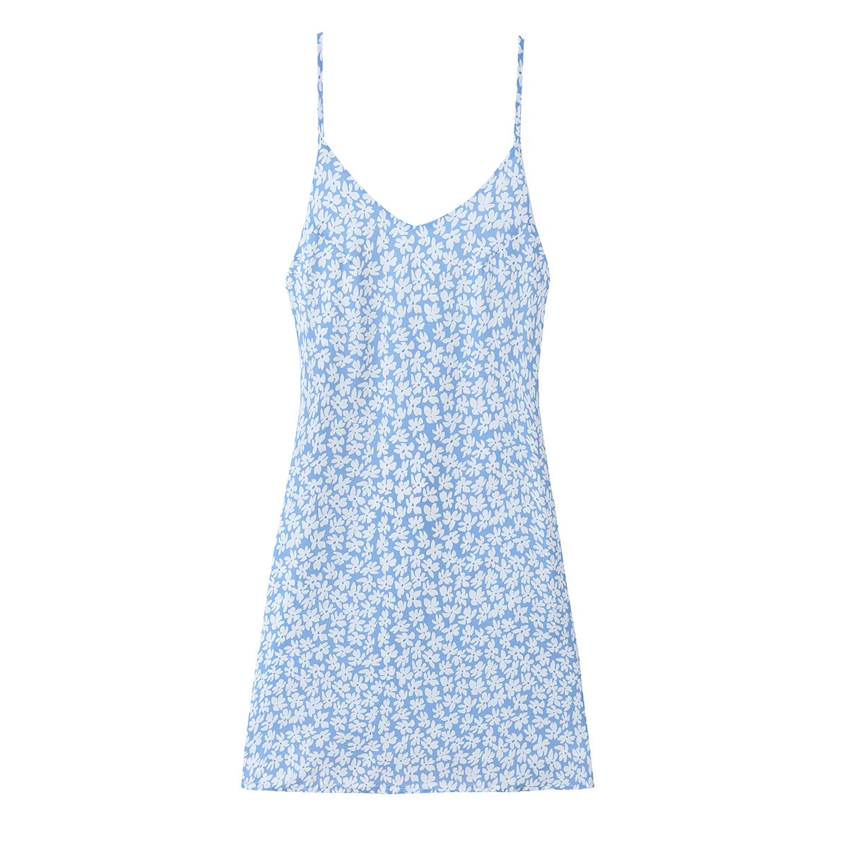 LIZAKOSHT  -  Sexy Light Blue Floral Print V Collar Sling Mini Dress Women Backless Tie Bow Sashes Back A-Line Dresses Femme Vestidos Robe