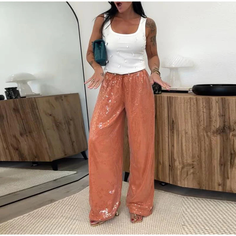 LIZAKOSHT  -  Chic Sequined Long Pants For Women High Waist  Lace Up Ankle-length Loose Trousers 2025 Spring Summer Fashion Female Y2k Pant