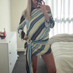 LIZAKOSHT  -  Women's Casual Long Sleeve Mini Dress New Autumn Retro Striped Print Asymmetrical Dress Fashion Slant Neck Tie Up Holiday Dress