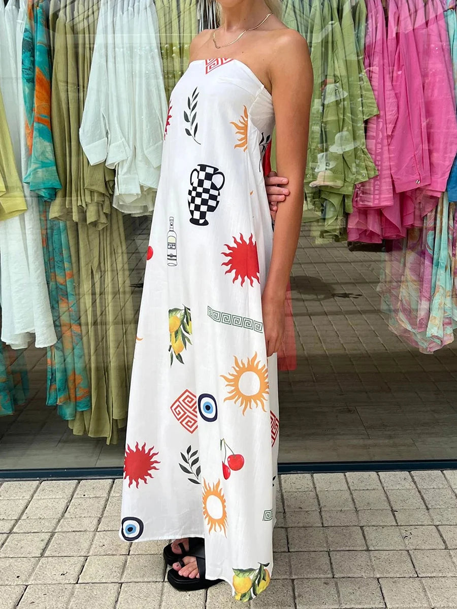 LIZAKOSHT  -  Women Graphic Strapless Long Tube Dress Vintage Off Shoulder Backless Maxi Dress Flowy Summer Holiday Beach A-line Dress