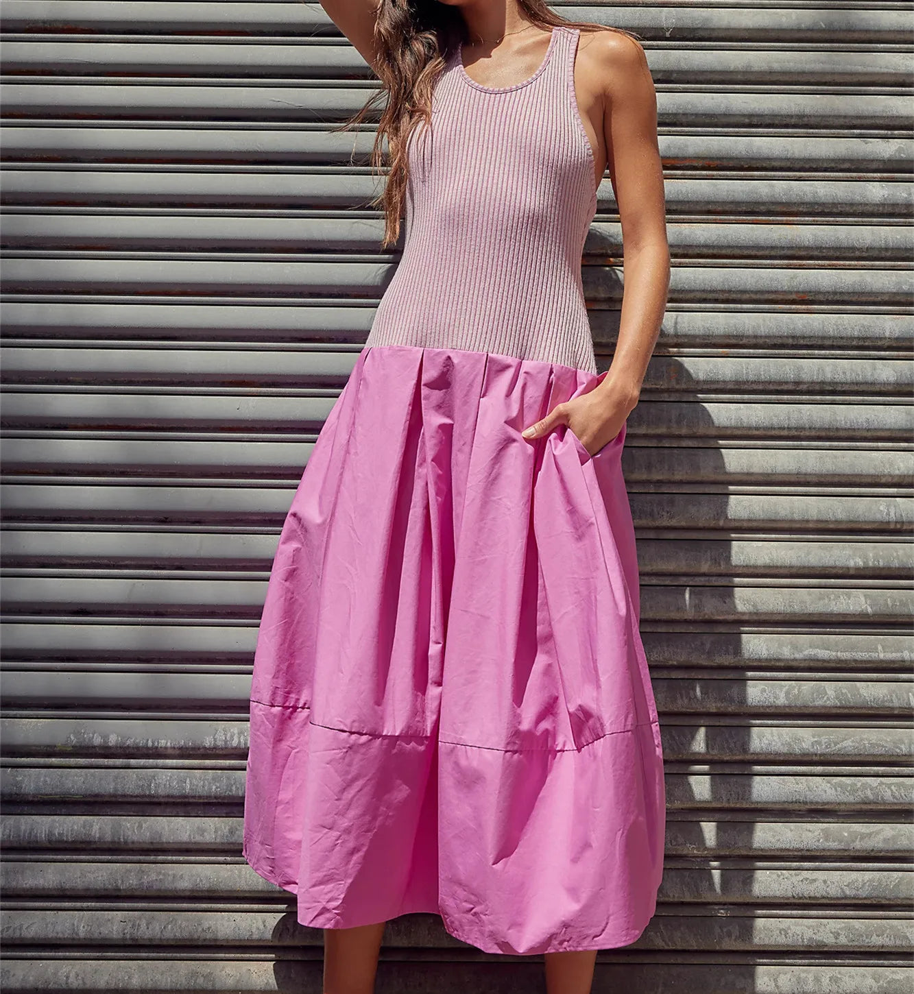 LIZAKOSHT  -  Women Drop Waist Midi Dress Summer Sleeveless Patchwork Tank Dress Y2k Bubble Hem A Line Maxi Dress with Pockets