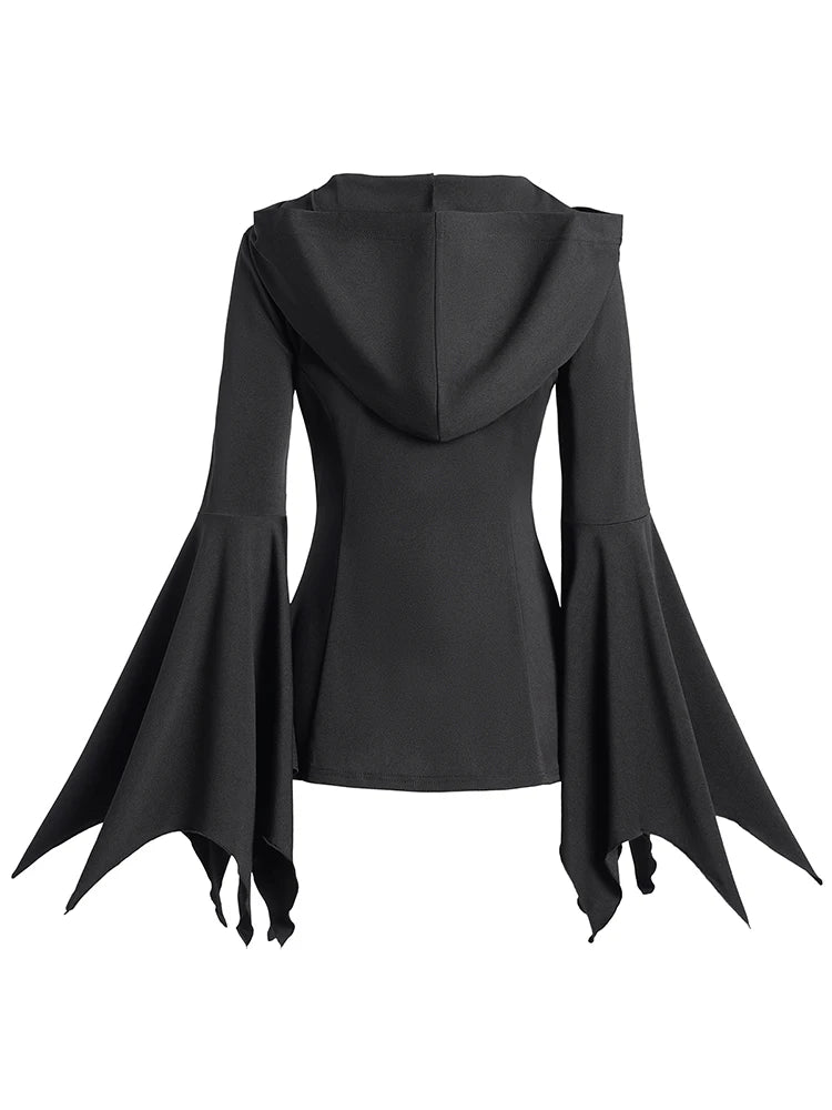 LIZAKOSHT  -  Lace Panel Flare Sleeve Hooded Top Plain Color Lace Up Long Sleeve Gothic Top Spring Fall Black Tops New