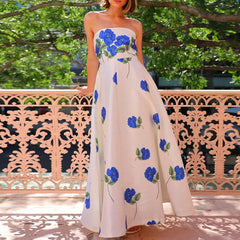 ﻿LIZAKOSHT  -  Luxury Tube Tops Sleeveless Evening Dress Female High Waist A-line Dress Elegant Silk Satin Bridesmaid Floral Print Dress Women