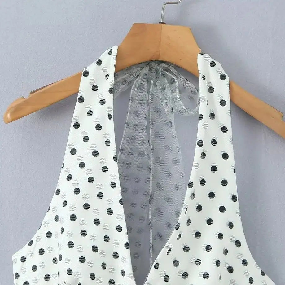 LIZAKOSHT  -  Sexy Polka Dot Print Spliced Mesh Bow Halter Dress Women Backless Slim Low Waist Swing Ball Gown Short Sling Dresses Vestidos