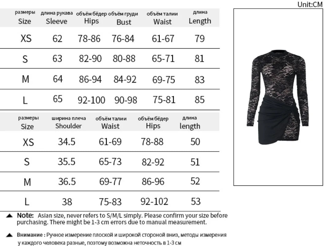 LIZAKOSHT  -  Twist Patchwork See Through Lace Bodycon Mini Dress Women Autumn O Neck Long Sleeve Ruched Slim Night Clubwear Party Dresses