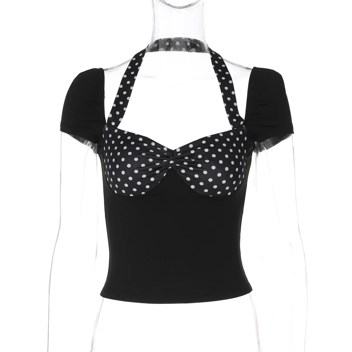 LIZAKOSHT  -  Summer Halter Short Sleeve T-shirts for Women Female Sexy Backless Polka Dot Patchwork Corset Tee Shirt Streetwear